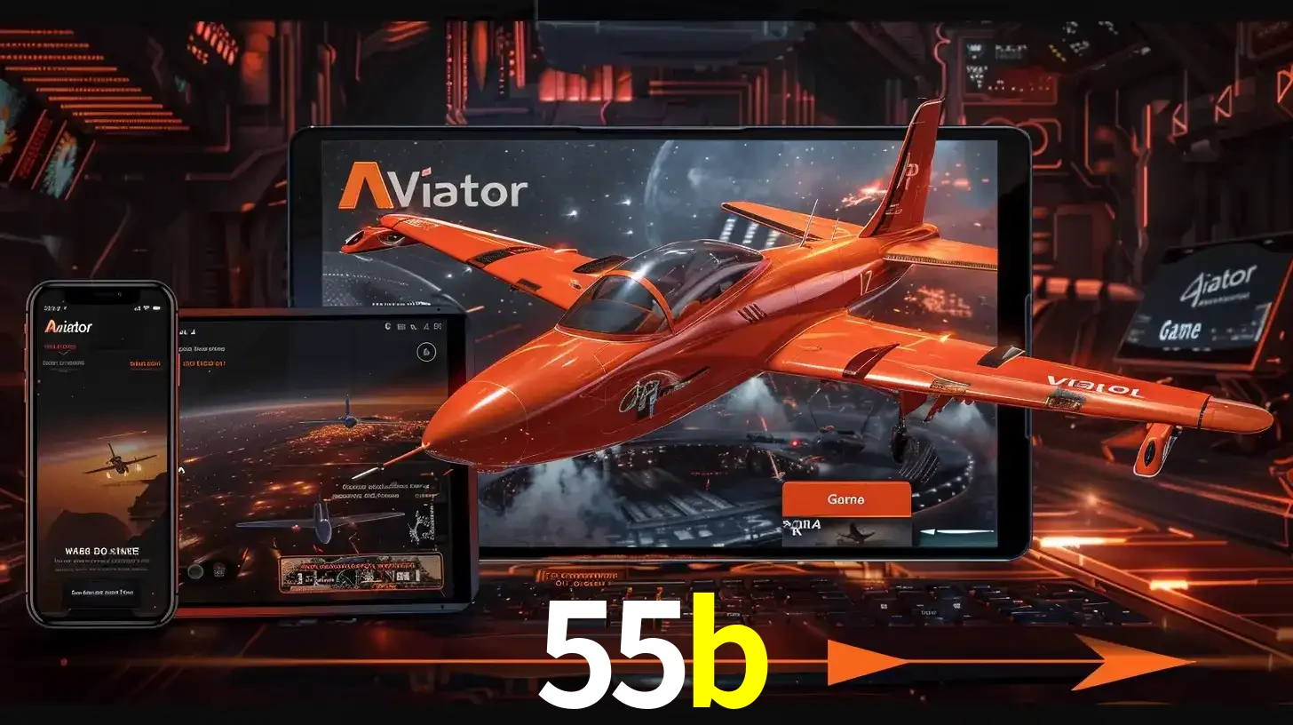 Apresentação tecnológica do jogo Aviator com um avião saindo da tela de um tablet, demonstrando a experiência imersiva em múltiplos dispositivos no 55b.