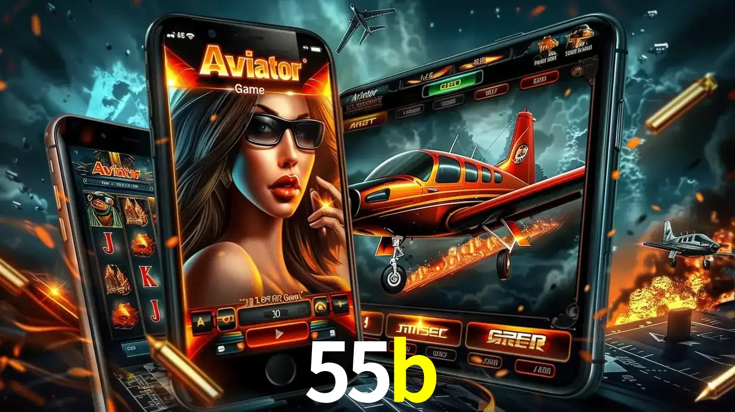 O popular jogo de apostas Aviator exibido em vários celulares e tablets, mostrando a interface emocionante e a ação de voo disponíveis para jogar agora no 55b.