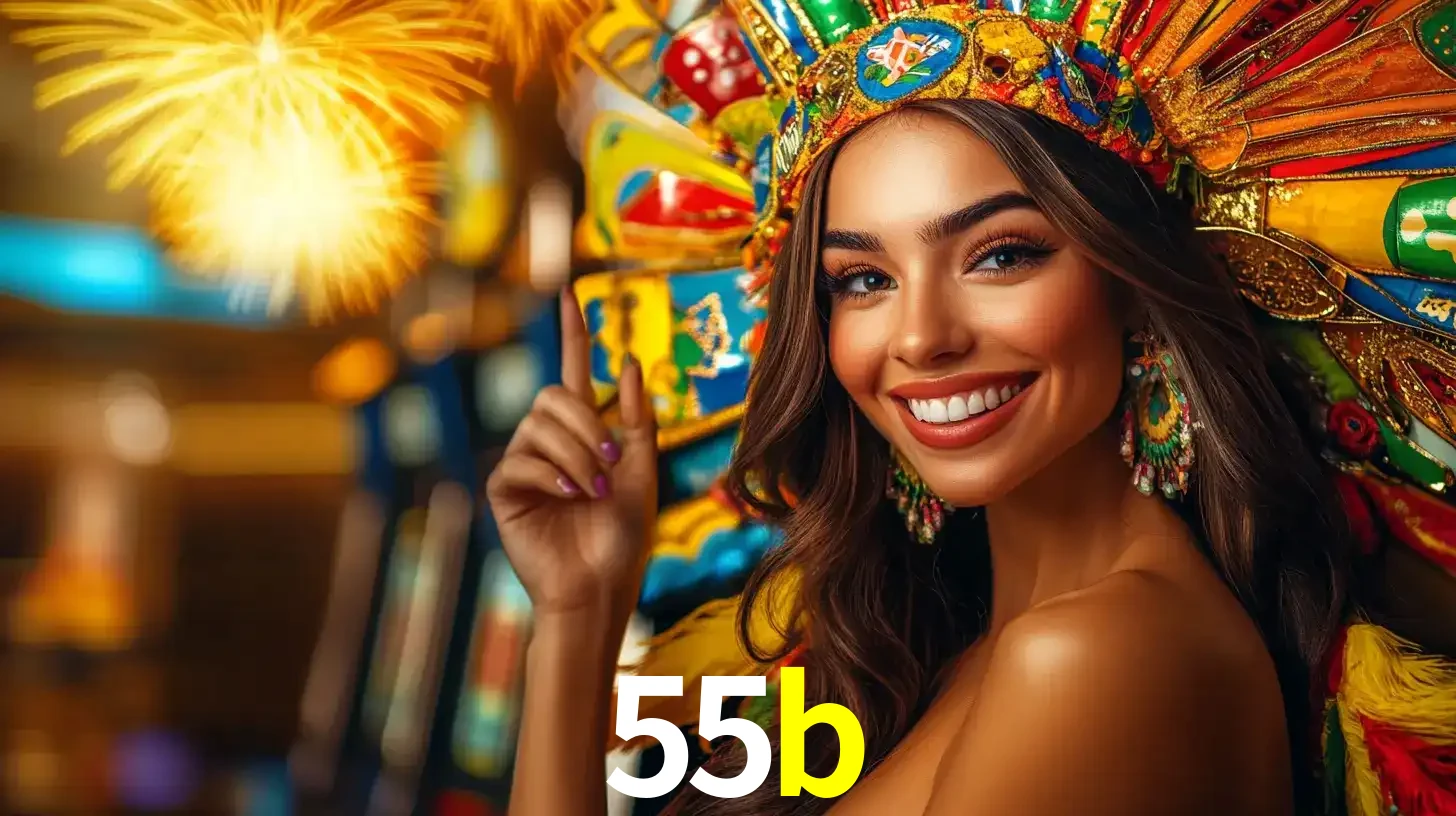 Mulher sorridente com um cocar de carnaval vibrante e colorido, celebrando uma grande vitória nos jogos do cassino 55b com fogos de artifício ao fundo.