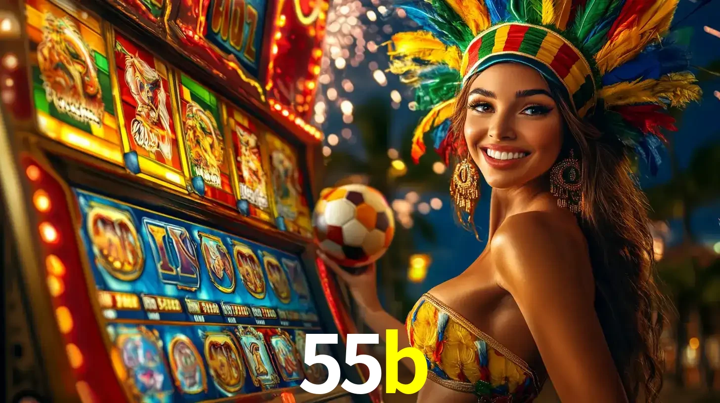 Mulher com um cocar de carnaval ao lado de uma máquina de caça-níqueis enquanto segura uma bola de futebol, mostrando a união da diversão de cassino e esportes no 55b.