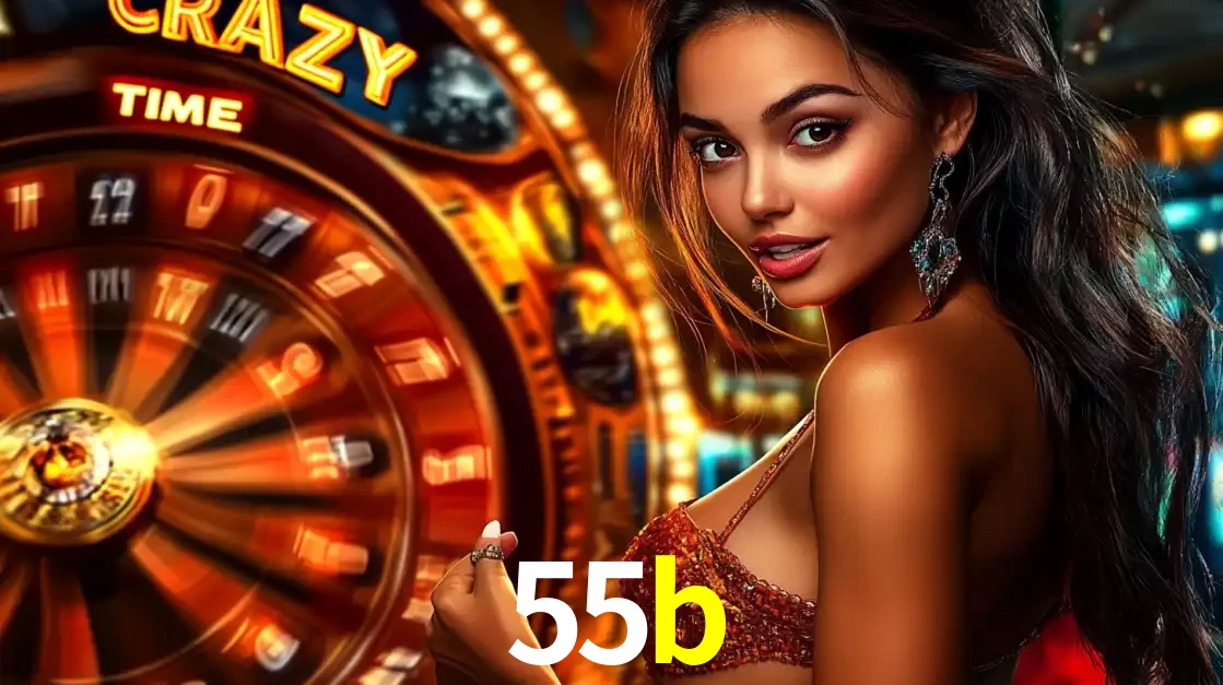 Mulher ao lado da roda de prêmios do jogo de cassino ao vivo Crazy Time, um dos shows de jogos mais emocionantes oferecidos pela plataforma de apostas 55b.
