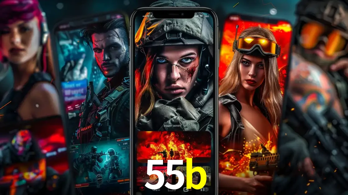 Montagem de telas de celular mostrando diversos personagens, masculinos e femininos, de um jogo de tiro, ilustrando a diversidade de equipes de e-sports para apostar no 55b.