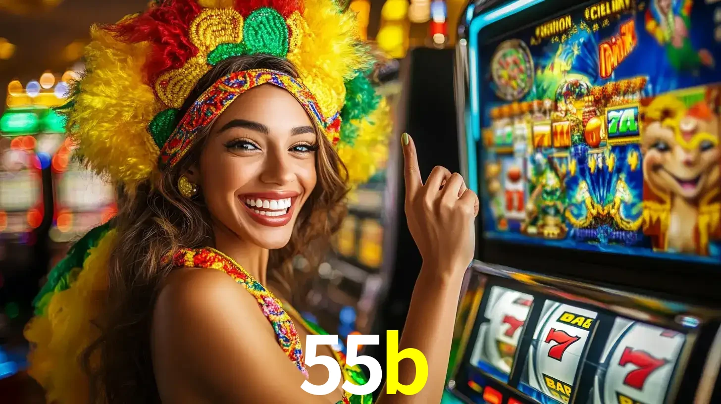 Mulher animada com um cocar de carnaval apontando para uma máquina de caça-níqueis, mostrando a emoção de ganhar um grande prêmio nos jogos do 55b.
