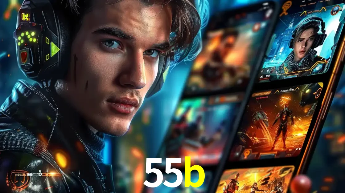 Jovem jogador com fones de ouvido olhando para a câmera, com um aplicativo de jogos e e-sports para celular ao fundo, pronto para a competição e apostas no 55b.