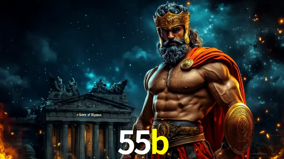 O poderoso Zeus do jogo de slot Gates of Olympus em frente ao seu templo, pronto para lançar multiplicadores divinos e prêmios épicos no cassino online 55b.