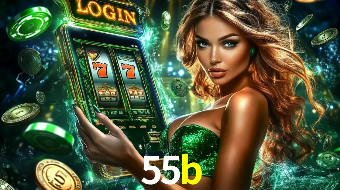 Mulher com tema verde apresentando o aplicativo do cassino 55b com um jogo de slot de 777, cercada por fichas de cassino e uma aura de sorte.