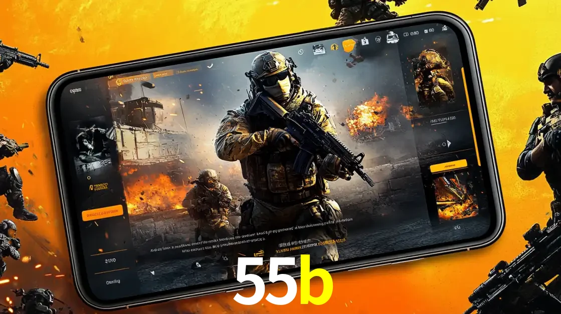 Um smartphone exibindo a interface de um jogo de tiro em primeira pessoa, com um soldado em um cenário de batalha, representando a ação dos e-sports para apostar no 55b.