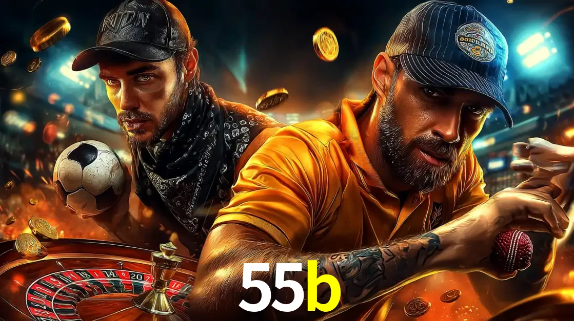 Montagem de apostas esportivas e cassino no 55b, com um homem segurando uma bola de futebol e outro uma de beisebol sobre uma roleta e moedas voadoras.