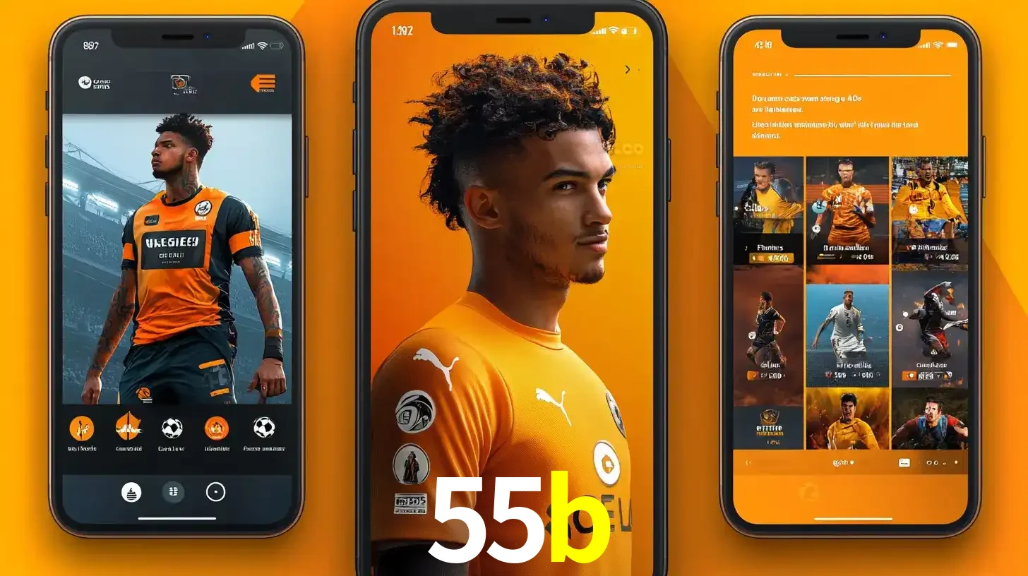 Interface do aplicativo de apostas esportivas 55b em três telas de celular, mostrando o perfil de um jogador de futebol e a lista de jogos disponíveis para apostar.