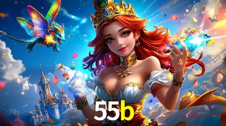 A princesa de um reino de fantasia mágico, com seu pequeno dragão, apresentando um mundo de prêmios encantados nos jogos de caça-níqueis do cassino 55b.