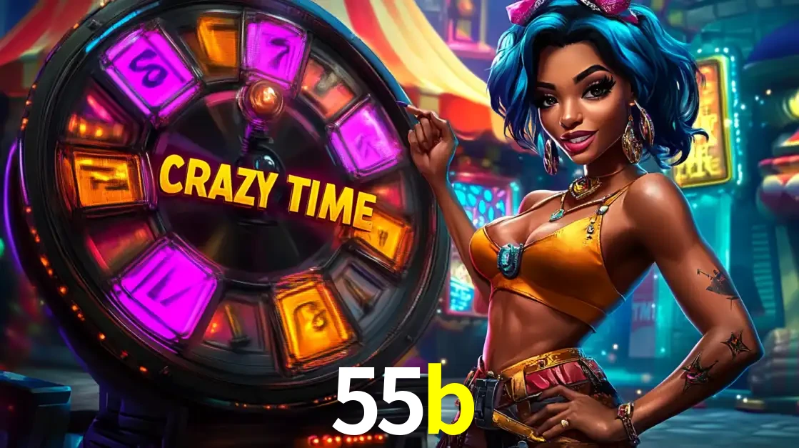 Mulher estilizada com cabelo azul e visual vibrante posando ao lado da roda de prêmios do game show Crazy Time, convidando para a diversão e os bônus do cassino 55b.