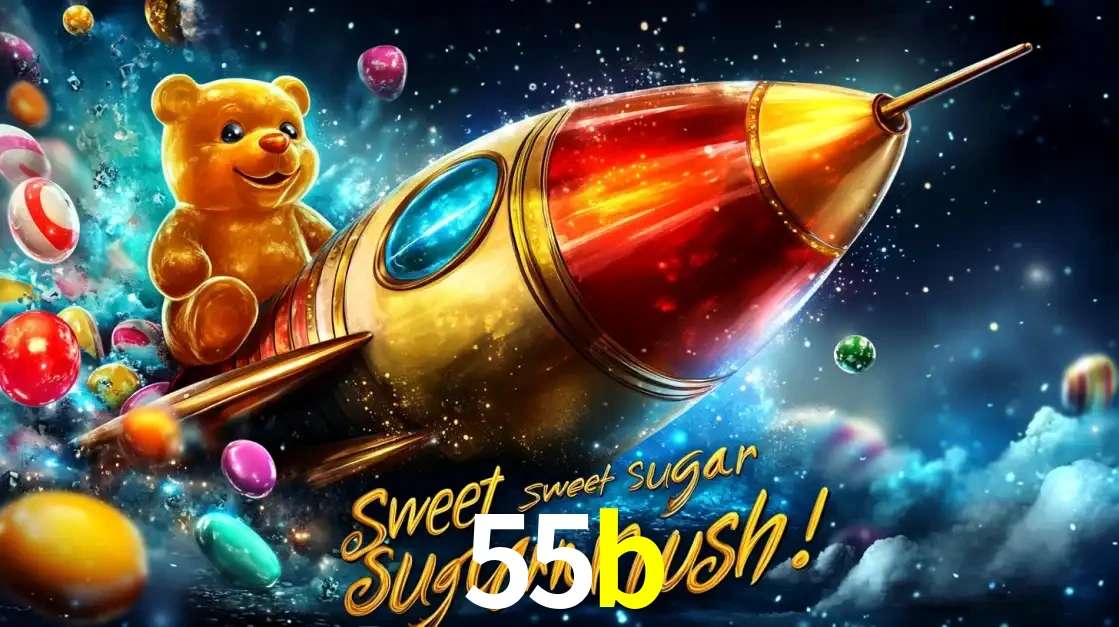 Arte promocional do jogo de slot Sugar Rush, com um urso de pelúcia em um foguete viajando pelo espaço de doces, um dos jogos divertidos disponíveis no cassino 55b.