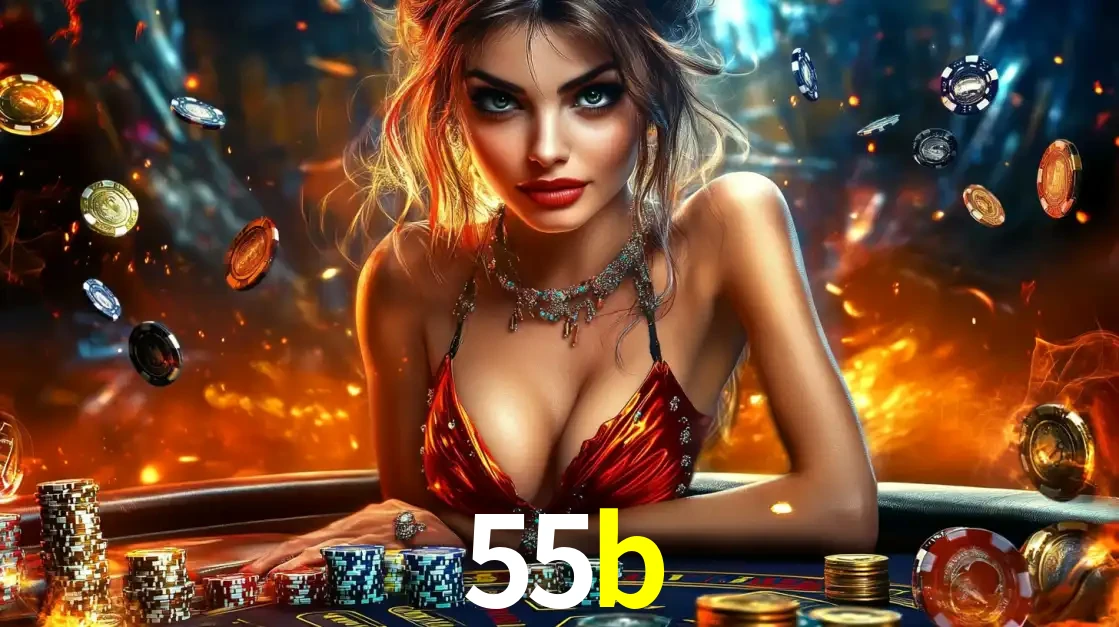 Mulher em uma mesa de cassino com pilhas de fichas e um fundo de fogo, pronta para uma rodada de altas apostas nos jogos de mesa emocionantes do cassino 55b.