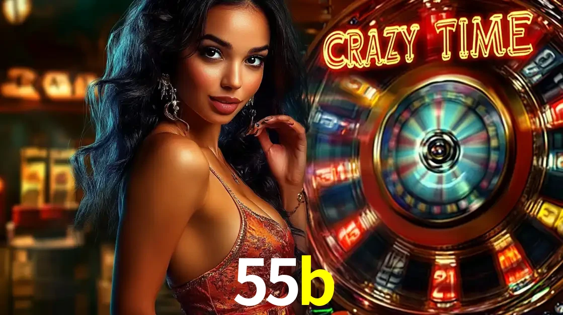 Mulher elegante ao lado da vibrante roda da fortuna do jogo de cassino ao vivo Crazy Time, um dos game shows mais populares e cheios de prêmios do 55b.