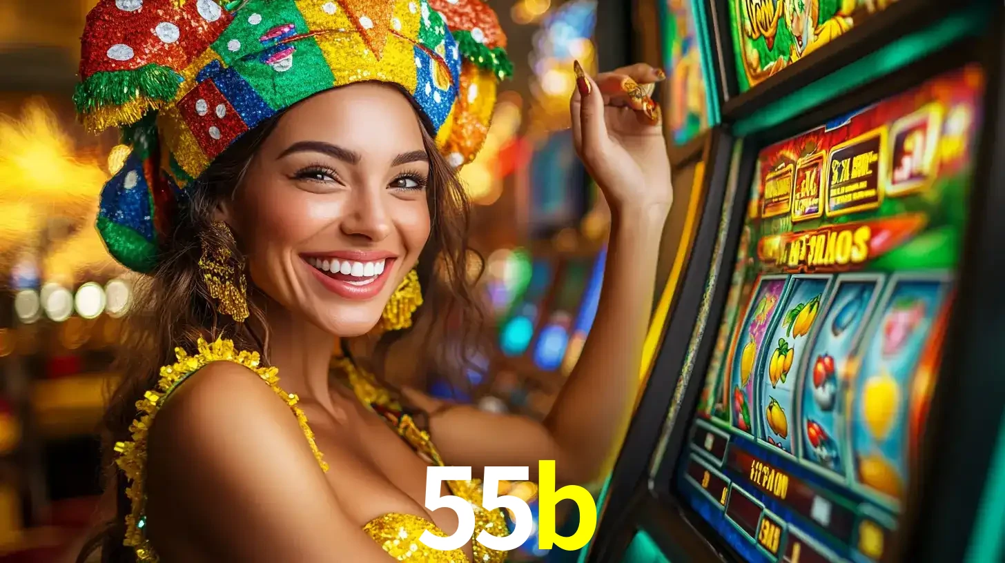 Mulher feliz com traje de carnaval amarelo e colorido ao lado de uma máquina de caça-níqueis, aproveitando a diversão e os jogos temáticos do cassino 55b.