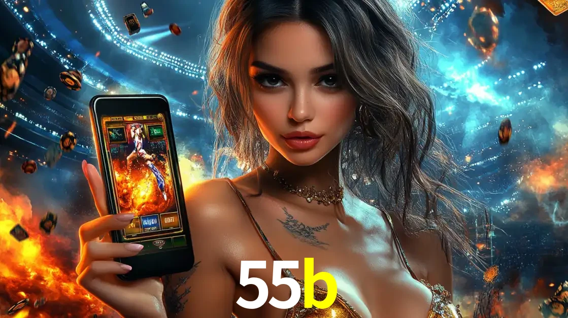 Mulher segurando um celular com um jogo de slot em destaque, tendo como fundo um estádio vibrante, simbolizando a emoção de jogar no cassino móvel 55b.