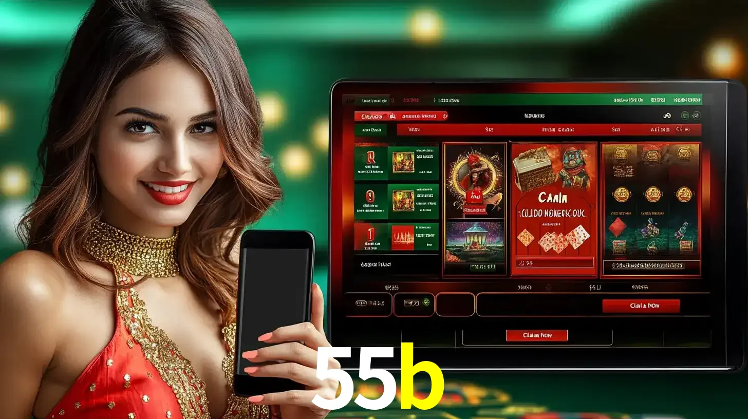 Mulher sorridente segurando um smartphone, ao lado de uma tela exibindo o lobby de jogos do cassino online 55b, com várias opções de jogos de cartas e slots.